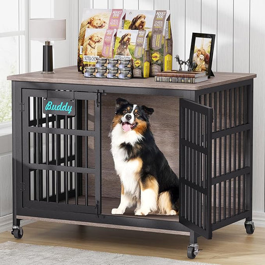 EasyCom 42"/41"/33" XL Dog Crate Furniture with Casters, Heavy Duty Dog Kennel Indoor for Large and Medium Dogs, Double-Doors Sturdy Dog Cage for Anxiety Dog, Decorate House as TV Stand, Bedside Table-PawvioPets