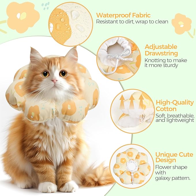 ComSaf Cat Cone Collar Soft - Cat Cones to Stop Licking e Collar for Cats After Surgery, Elizabethan Collar for Kitten Recovery, Comfortable Soft e Collar Cone for Small Cats, Yellow Flowers, S-PawvioPets