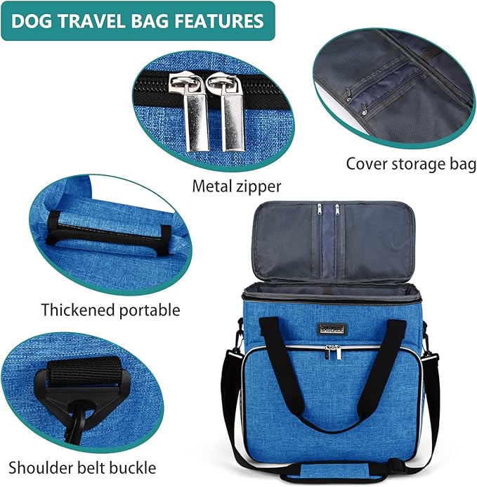 BAGLHER Dog Travel Bag, Pet Travel Bag (ALL Pet Travel Supplies), With 2 Pet Food Containers and 2 Collapsible Silicone Bowls; Essential Kits for Pet Travel Blue-PawvioPets