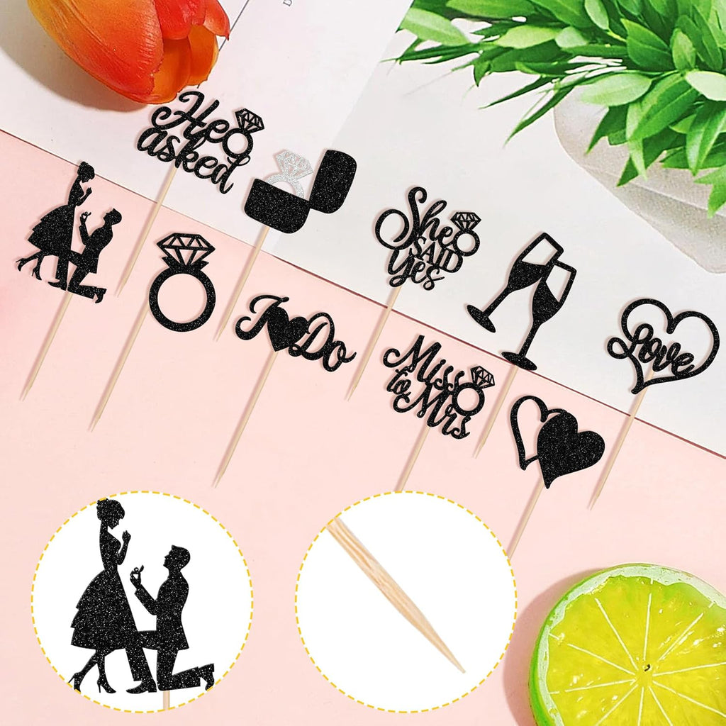30 PCS He Asked She Said Yes Cupcake Toppers Glitter Engagement Cupcake Toppers Miss to Mrs I Do Love Heart Ring Miss to Mrs Cupcake Picks for Wedding Engagement Party Cake Decorations Supplies Black