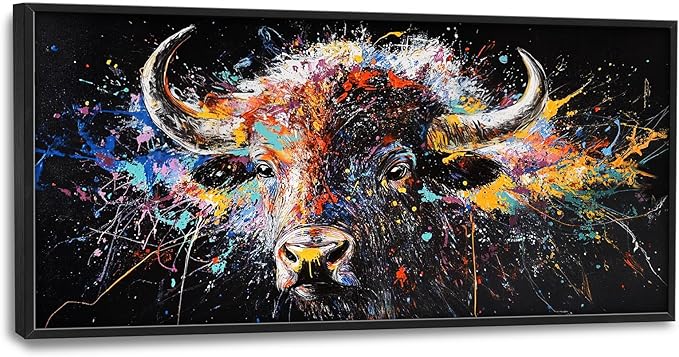 Framed Large Bison Buffalo Wall Art for Living Room, Oversized Graffiti Yak Cow Wall Decor Banksy Bull Canvas Painting Animal Pictures Modern Artwork for Living Room Bedroom Office 60"x30"-PawvioPets