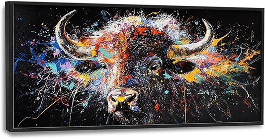 Framed Large Bison Buffalo Wall Art for Living Room, Oversized Graffiti Yak Cow Wall Decor Banksy Bull Canvas Painting Animal Pictures Modern Artwork for Living Room Bedroom Office 60"x30"-PawvioPets