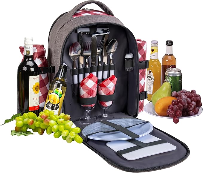 apollo walker Picnic Backpack Bag with Cooler Compartment, Detachable Bottle/Wine Holder, Fleece Blanket, Plates and Cutlery Set (2 Person, Gray)-PawvioPets