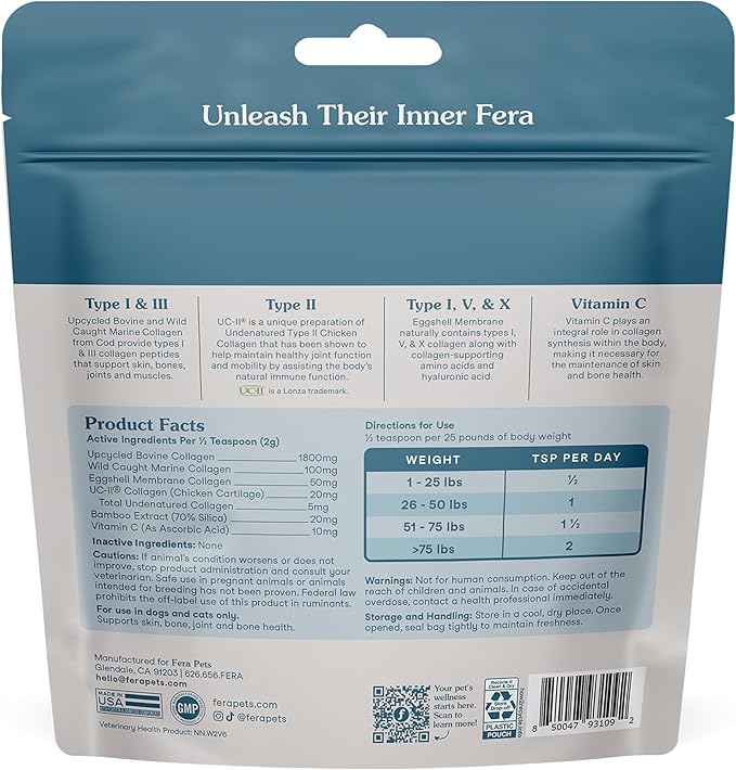 Fera Pets Cat & Dog Collagen Powder - Bone, Gut, Joint and Skin Supplement - 5 Types of Collagen + Clinically Studied UC-II® - 4.23 oz-PawvioPets