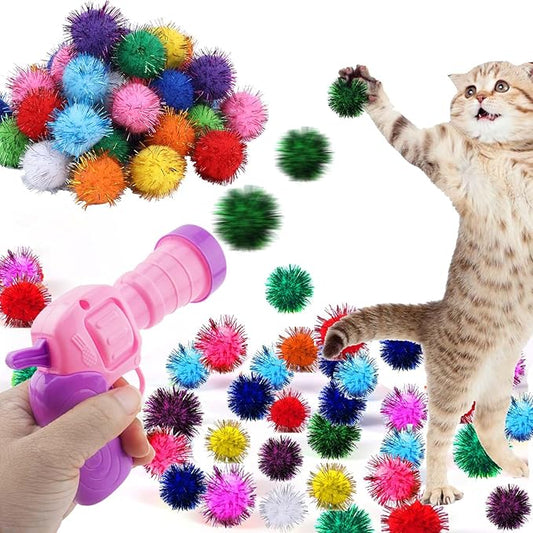 Dorhui Cat Toy Balls with Launchers Set, 30 Pcs Sparkle Pom Ball for Cat,Cat Enrichment Toys,cat Toys for Indoor Cats, Interactive Glitter Pom Ball for Kitty Gifts-PawvioPets