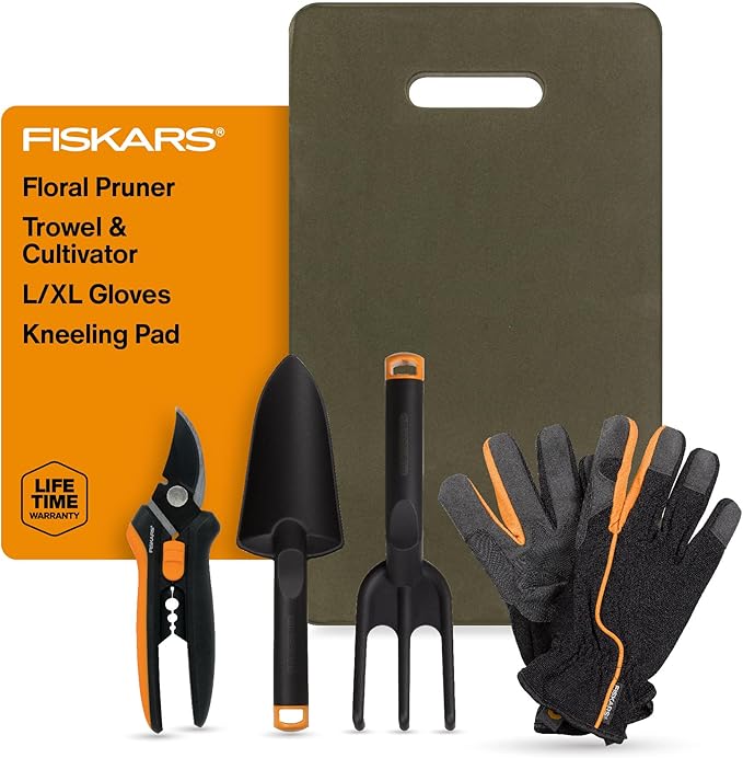 Fiskars Flower Gardening Tool Gift Set with Floral Pruner, Trowel, Cultivator, Garden Gloves, and Ultra-Light Kneeling Cushion for Outdoor Use (5 Piece Kit)-PawvioPets