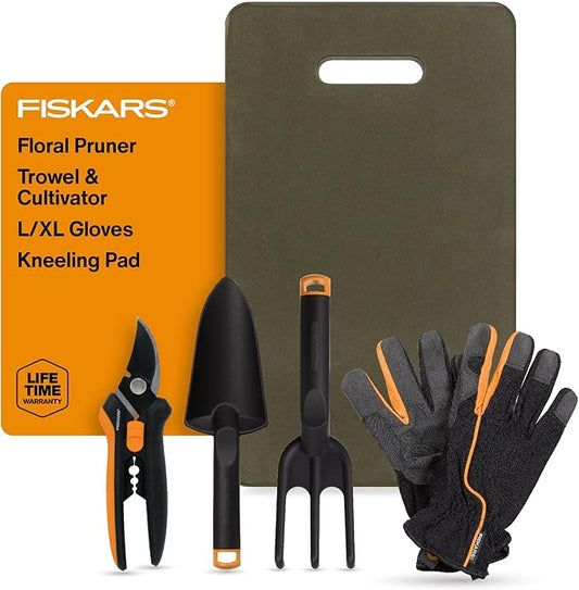 Fiskars Flower Gardening Tool Gift Set with Floral Pruner, Trowel, Cultivator, Garden Gloves, and Ultra-Light Kneeling Cushion for Outdoor Use (5 Piece Kit)-PawvioPets