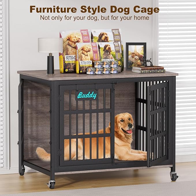 EasyCom 42"/41"/33" XL Dog Crate Furniture with Casters, Heavy Duty Dog Kennel Indoor for Large and Medium Dogs, Double-Doors Sturdy Dog Cage for Anxiety Dog, Decorate House as TV Stand, Bedside Table-PawvioPets
