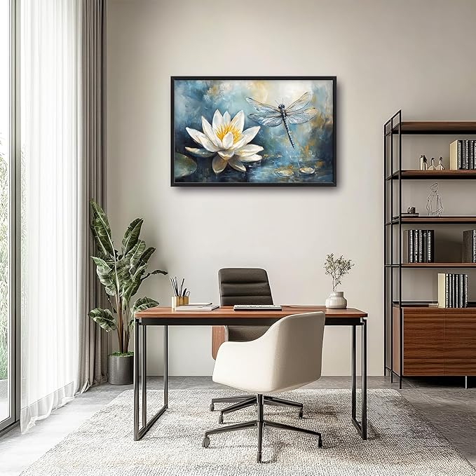 Extra Large Lotus Dragonfly Framed Wall Art for Living Room,Abstract Blue Lotus Flower Lake Pictures Wall Decor,Nature Canvas Print Painting Modern Artwork Bedroom Office Bathroom 36L" x 24W"-PawvioPets
