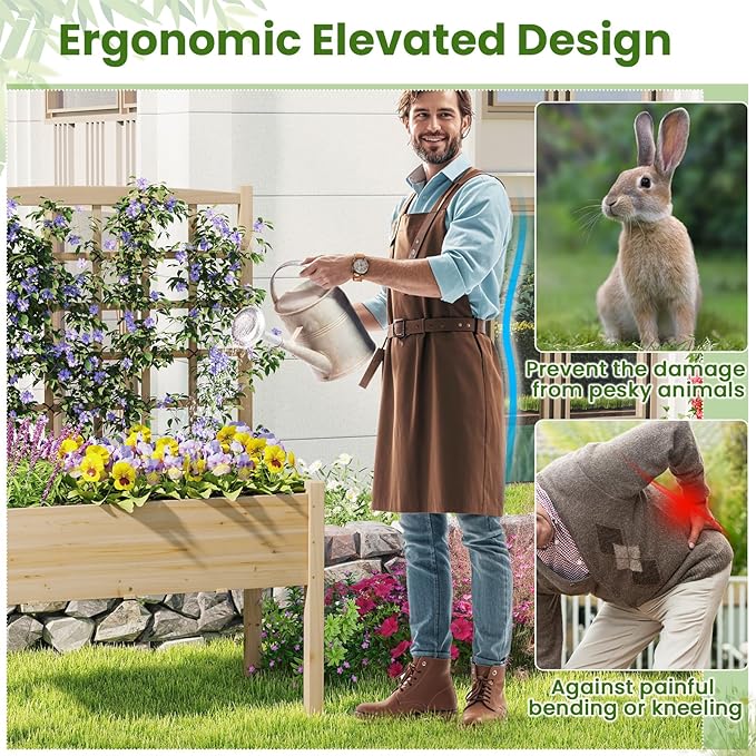 Giantex Raised Garden Bed with Trellis, Wooden Elevated Planter Box with Legs, Drainage Holes for Climbing Plants Vines Vegetables Flowers Herbs, Outdoor Horticulture Planter for Patio Yard (Natural)-PawvioPets