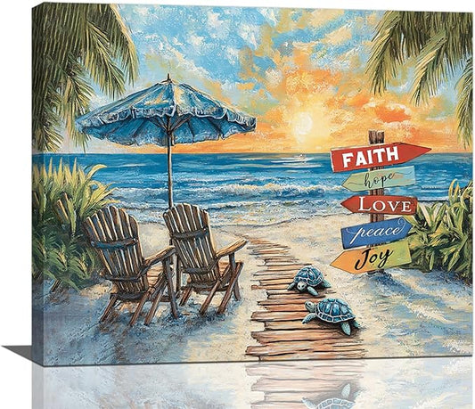 Beach Ocean Bathroom Pictures Wall Art, Seaside Coastal Bathroom Wall Decor, Sunrise Framed Painting Canvas Artwork for Bedroom Living Room Decorations 16"L x 12"W-PawvioPets