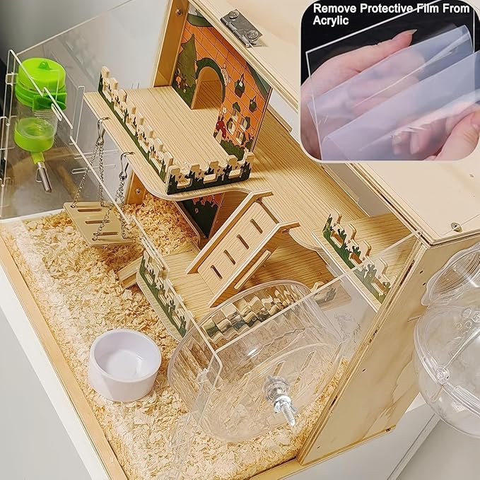 11 in 1 Wooden Hamster Cage with All Accessories, 15.8 Inch 3-Layer Dwarf Hamster Cage Acrylic,Small Animal Cages, Pastoral Style Mouse Cage for Pet Mice, Hedgehog, with Stairs, Fences and Swing-PawvioPets