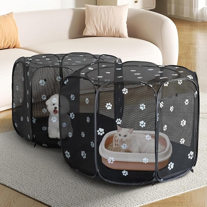 2-in-1 Cat Playpen, Pop Up Dog Pet Playpen for Indoor Outdoor Cats Enclosed, Portable Pet Playpen, Kitten Puppy Foldable Play Pen Cat Dog Tent Crate Cage Kennel(No Divider, Unified Space)-PawvioPets