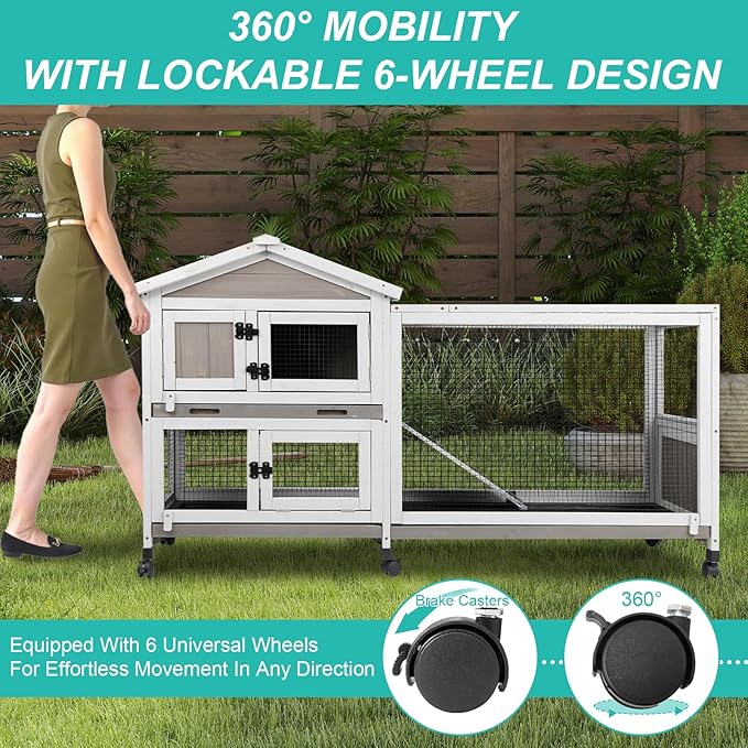2-Tier Rabbit Hutch with Wheels, Indoor & Outdoor Small Animal Cage with Deep Pull-Out Tray, Anti-Chew Frame, Habitat for Bunny, Guinea Pig, Chinchilla (60" L x 19" W x 35" H)-PawvioPets