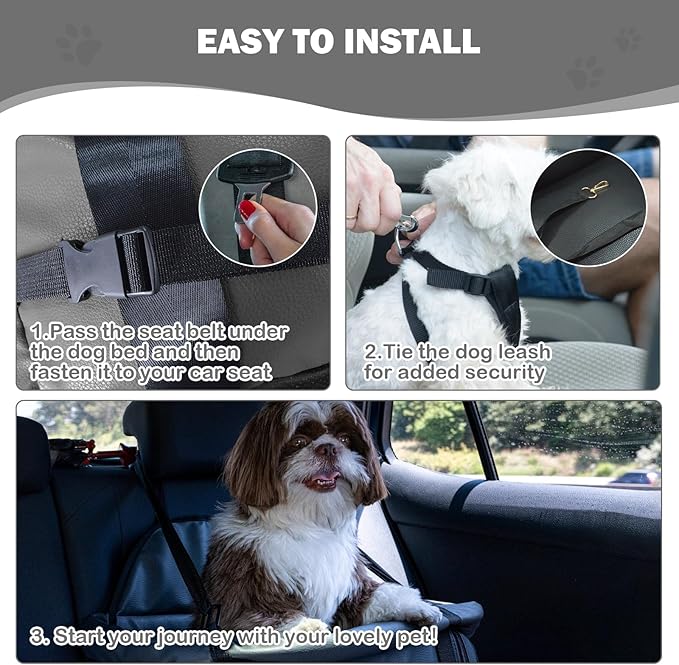 2 and 1 Center Console Dog Car Seat & Carrier for Small Dogs, Large Leather Dog Car Bed with Storage Pocket, Waterproof PVC Leather Seat Travel Bed for Front & Back Seat, Clip-On Safety Leash-PawvioPets