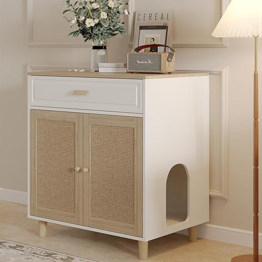 Cat Litter Box Enclosure Furniture Hidden - Indoor 2-in-1 Wooden Cat House & Washroom Cabinet with Scratching Board Doors and Drawer, 31.5”x21.6”x34.6”H-PawvioPets