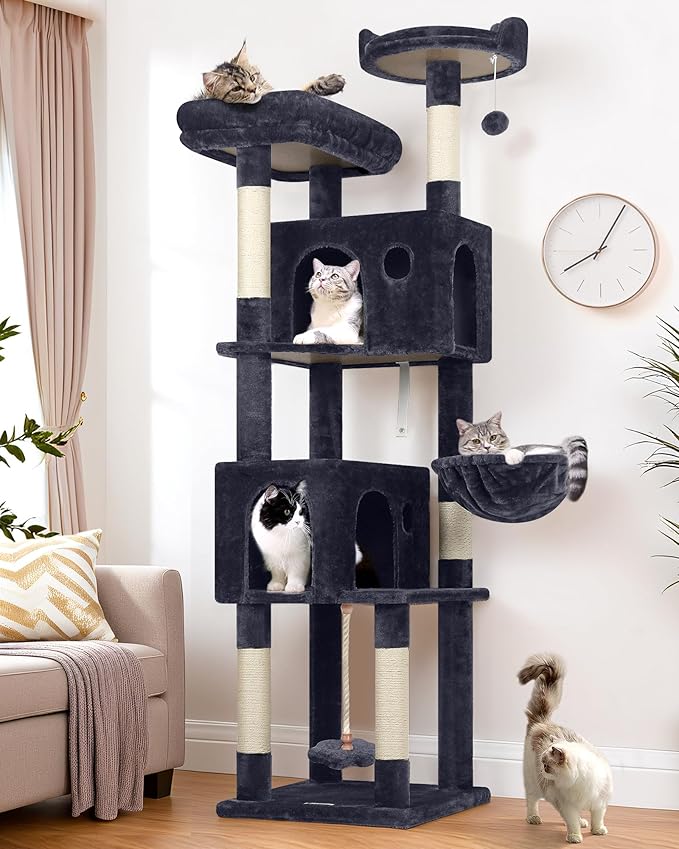 Globlazer Cat Tree, 70 inch Tall Scratching Tower Multi-Level Cat Condo for Indoor Multiple Cats with 2 Large Cat Caves, Top Perch, Large Platform, Bottom Swing, F70B, Dark Grey-PawvioPets