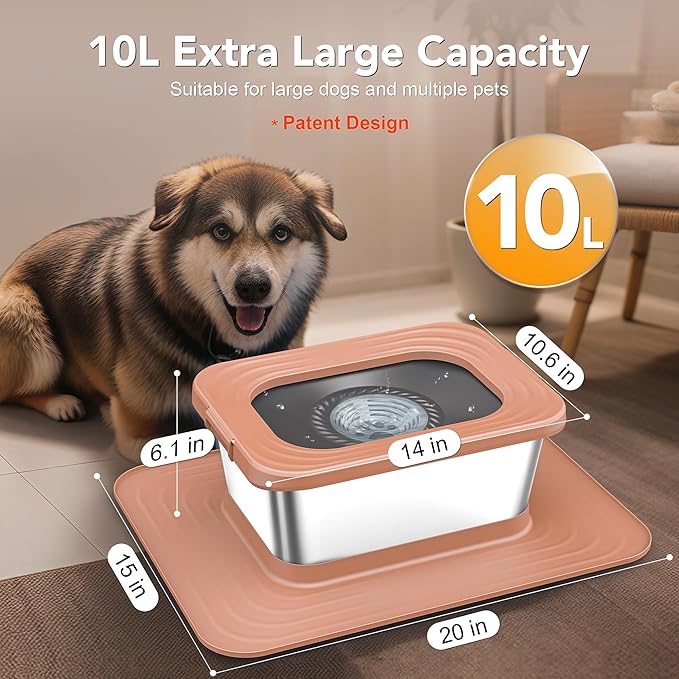 Decflow 10L Stainless Steel Dog Water Bowl, No Spill Anti-Splash Dog Bowls with XXL Silicone Mat, Spill-Proof Slow Feeder for Messy Drinkers, Heavy Duty Pet Bowls for Indoor/Outdoor Use Pink-PawvioPets