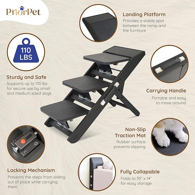 Dog Steps for Bed & Couch 2-in-1 Dog Stairs/Ramp - Height Adjustable Dog Ramp for Couch 7” - 20” - Pet Stairs, Dog Stairs for Small Dogs - Easy to Move Pet Steps with Landing Platform, Black-PawvioPets