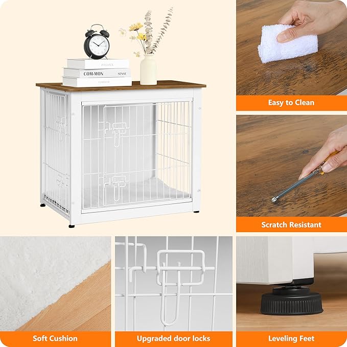 DWANTON Dog Crate Furniture with Cushion, Wooden Kennel Table with Double Doors, Indoor Dog House, Small/Medium/Large Size, 27.2" L, White+Warm Brown-PawvioPets