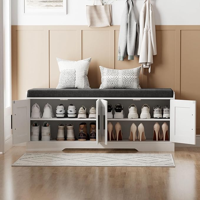 2-Tier Storage Bench, Shoe Bench with Thickened Padded Seat Cushion, Entryway Bench with 4 Doors, Adjustable Shelf, 13.8" D x 45.3" W x 18.5" H, for Entryway, Living Room, Bedroom, White-PawvioPets
