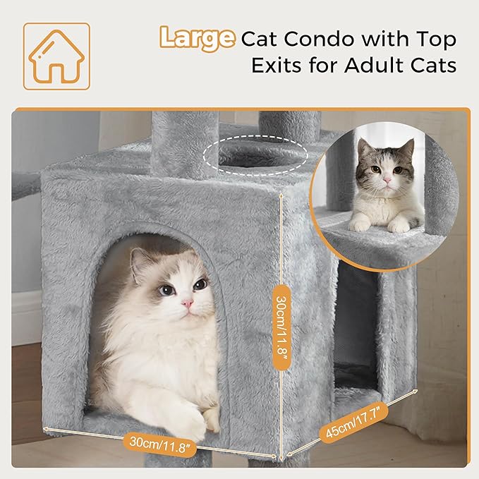 72” Cat Tree for Large Cats Big Cat Tower with Enlarged Hammock 21.6x17.7” Spacious Cats Condo House and Roomy Top Bed and Multiple Scratch Posts for Indoor Adult Cats (Grey, XLarge-72)-PawvioPets