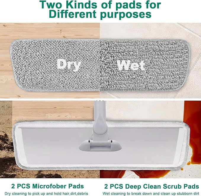 18" Professional Microfiber Mop Floor Cleaning System, Flat Mops with Stainless Steel Handle, 4 Reusable Washable Mop Pads, Wet and Dust Mopping for Hardwood, Vinyl, Laminate (White&Grey)-PawvioPets