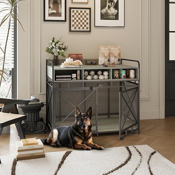 Dog Crate Furniture, 48" Heavy Duty Wooden Dog Crate End Table, XL Dog Kennel Furniture Large Breed, Decorative Dog Kennel Indoor with 3 Drawers & Steel Tubes 48" L x28 W x38 H (Grey)-PawvioPets