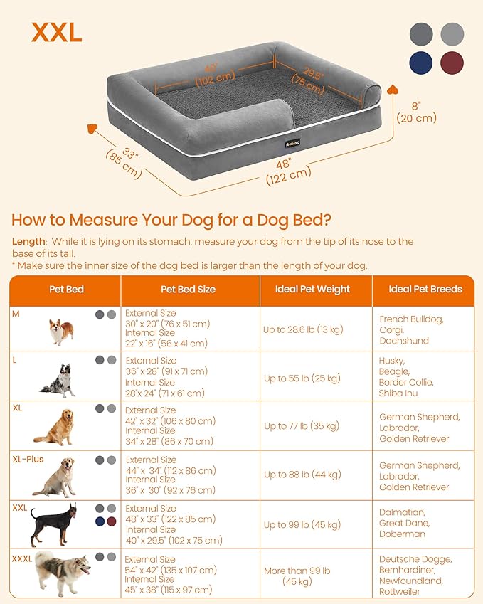 Feandrea Orthopedic Dog Bed, Large Dog Bed Waterproof, Removable Washable Cover Sofa with Non-Slip Bottom, Raised Edges, 48 x 33 x 8 Inches, Light Gray UPGW078G02V1-PawvioPets