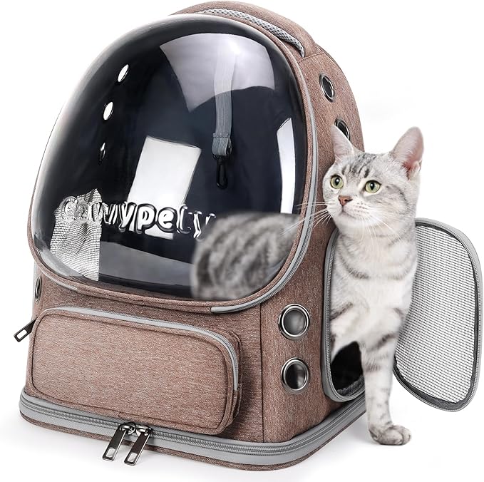 Cat Backpack Carrier, Breathable Cat Carrier Large Space Bubble Pet Backpack for Kitty Small Dog up to 15lbs, Transparent & Foldable Pet Carrier for Travel Hiking-PawvioPets