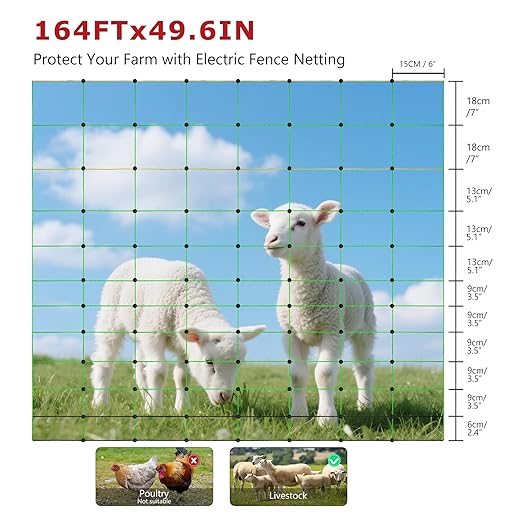 Electric Fence Netting, 49.6" H x 164'L, Electric Poultry Fence, Net Fencing Kit, Movable Livestock Nets for Yard,Backyards,Farms,Ranches, Energizer Not Included-PawvioPets