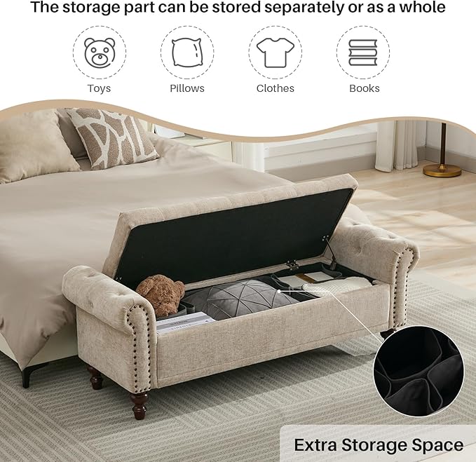 58.1'' Storage Bench Upholstered Chenille End of Bedroom Bed Bench Ottoman with Tufted Cushioned Rolled Arm Large Storage Space for Reading Living Room Entryway, Light Brown-PawvioPets