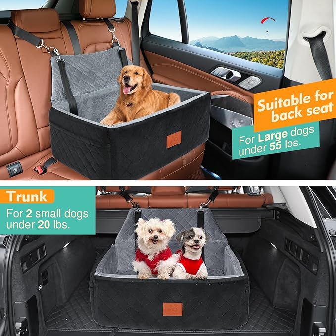 Dog Car Seat for Large Medium Dogs,Washable Pet Carseat Under 55 lbs or 2 Small Dogs,Dog Booster Seat Travel Bed with Thick Cushion,2 Safety Leashes-PawvioPets