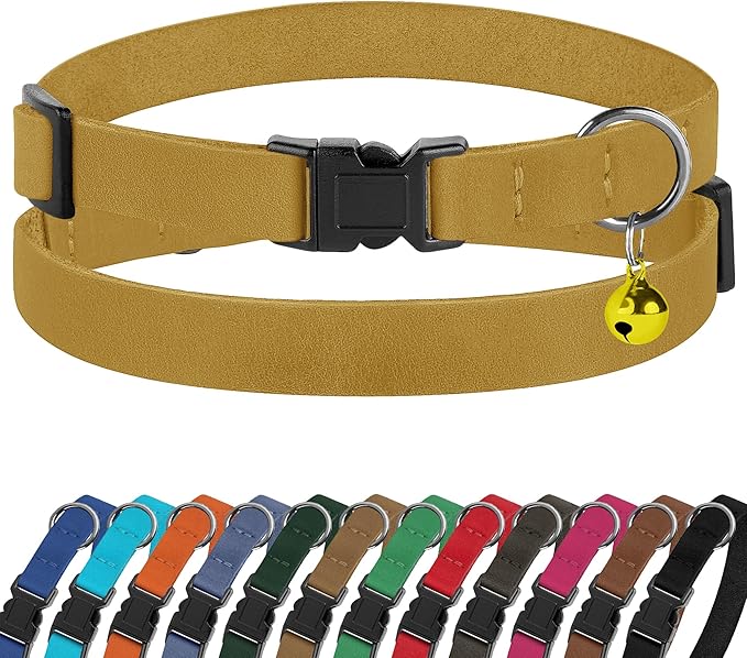 Breakaway Cat Collar Leather with Removable Bell - 13 Colors Available - Soft Adjustable Girl Boy Safety Lightweight Pet Kitten Collars Pink Brown Blue Green Red Orange Black (Mustard)-PawvioPets