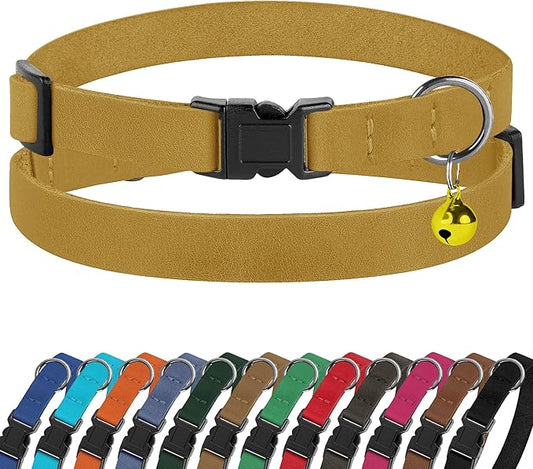 Breakaway Cat Collar Leather with Removable Bell - 13 Colors Available - Soft Adjustable Girl Boy Safety Lightweight Pet Kitten Collars Pink Brown Blue Green Red Orange Black (Mustard)-PawvioPets
