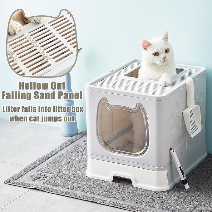 Gefryco Litter Box with Lid for Small to Medium Cats, Enclosed Cat Litter Box with Cover，High Sided Top Entry Cat Box with Brush and Scoop, Cute Kitty Litter Pan with Drawer for Growing Kittens(Grey)-PawvioPets