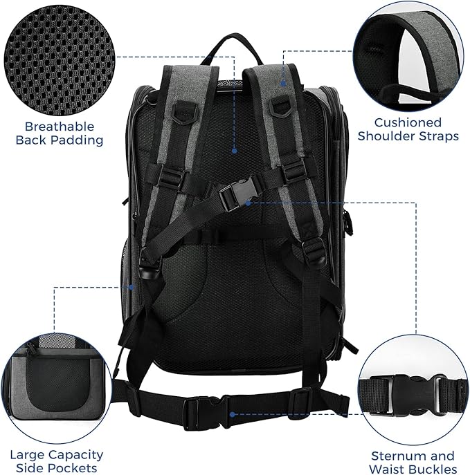 Apollo Walker Pet Carrier Backpack for Large/Small Cats and Dogs, Puppies, Safety Features and Cushion Back Support for Travel, Hiking, Outdoor Use (Gray-Expandable)-PawvioPets
