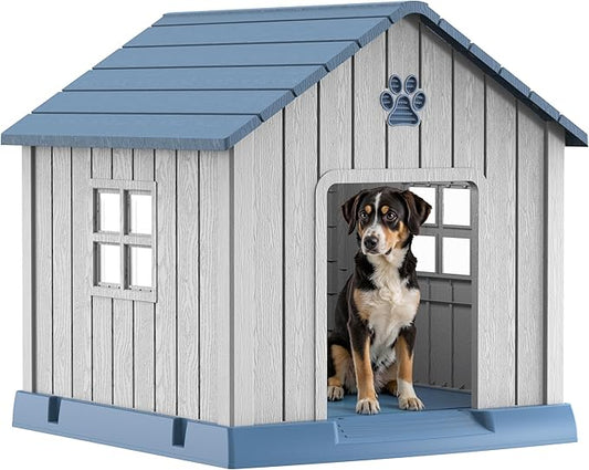 DRATO Dog House Indoor Outdoor for Small to Large Sized Dogs Indoor Outdoor Doghouse Puppy Shelter with Elevated Floor, Easy to Assemble (Blue-x, 31Inch(31.18 * 33.7 * 32.52))-PawvioPets