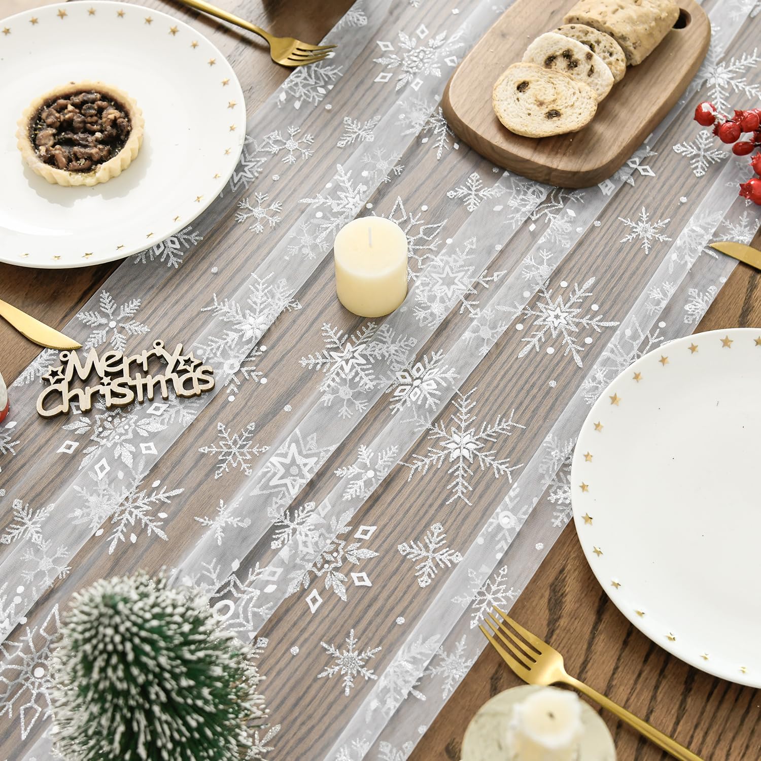 Artoid Mode Silver Snowflakes Christmas Gauze Table Runner 120 Inch 10FT, Seasonal Sheer Winter Kitchen Dining Holiday Wedding Table Decor for Home Party