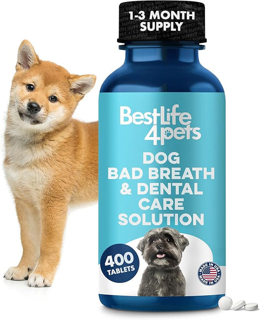 Dog Bad Breath Treatment & Dog Dental Care Solution, Natural Supplement for Canine Oral Health, Canine Tooth Pain Relief, Plaque Control, Gum Disease, Gingivitis, 400 Odorless, Tasteless Pills-PawvioPets
