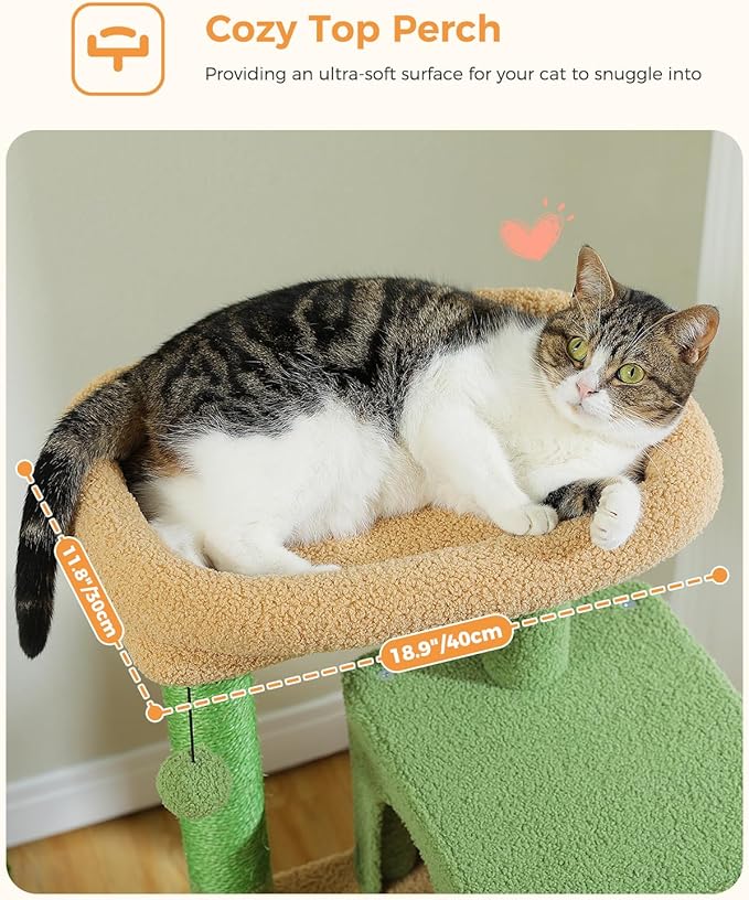 Cactus Cat Tree for Indoor Cats, 45.7" Multi-Level Cat Tower with Large Metal Frame Hammock, Cat Condo with 4 Scratching Posts and Top Perch, Green-PawvioPets