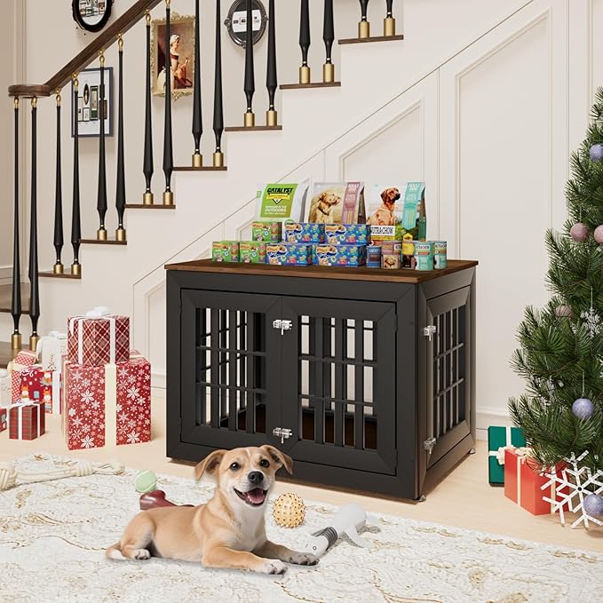 38" Heavy Duty Dog Crate Furniture for Small,Medium and Large Dogs,Rustic Wooden Dog Cage Kennel Indoor Furniture with Waterproof Top,Decorative Pet House Side End Table (Black & Wood)-PawvioPets