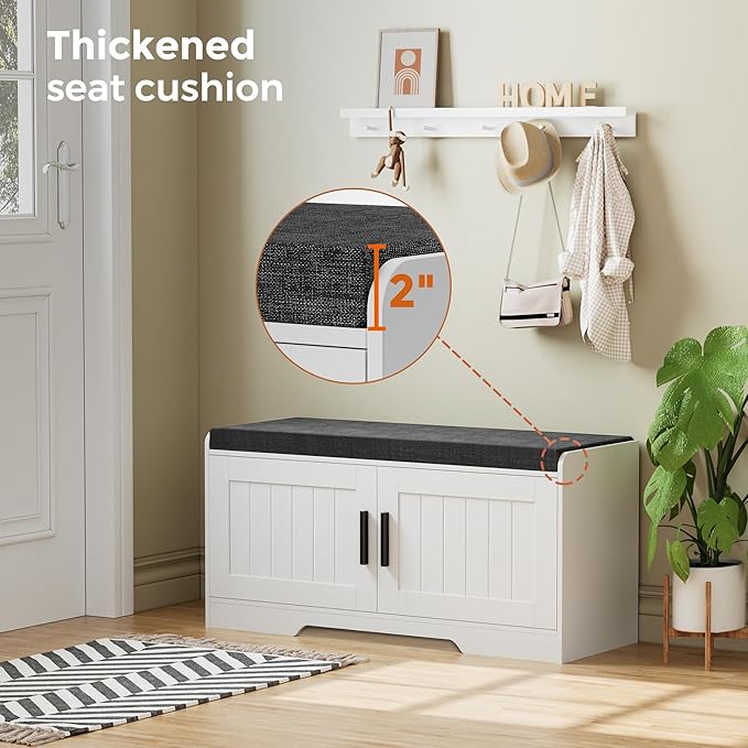 2-Tier Storage Bench, Shoe Bench with Thickened Padded Seat Cushion, Entryway Bench with 2 Doors, Adjustable Shelf, 13.8" D x 37.4" W x 18.5" H, for Entryway, Living Room, Bedroom, White-PawvioPets