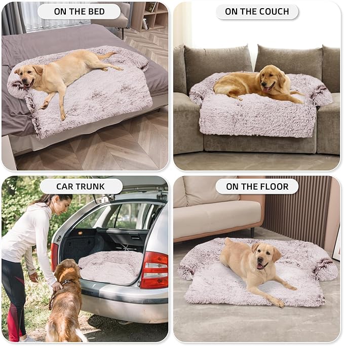 GGIB Calming Dog Bed Fluffy Plush Dog Mat for Furniture Protector with Removable Washable Cover for Large Medium Small Dogs and Cats (Extra Large (53x39.3x6), Rust White)-PawvioPets