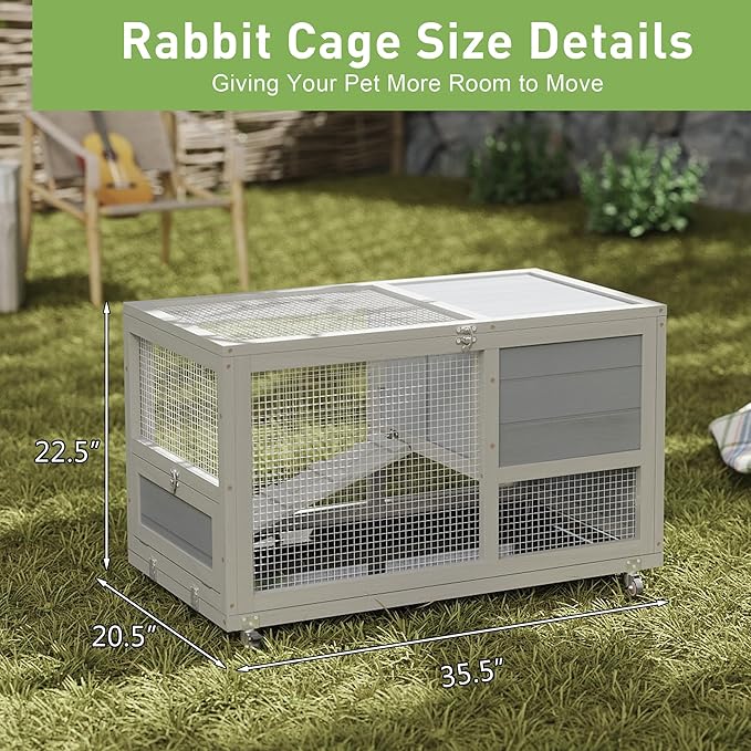 COZIWOW Wooden 36Inches Rabbit Hutch Outdoor with Wheels Bunny Cage Indoor Rabbit Cage with Clean Tray, Openable Roof, Anti-Slip Ramp for Small Bunny (Grey with Pattern)-PawvioPets