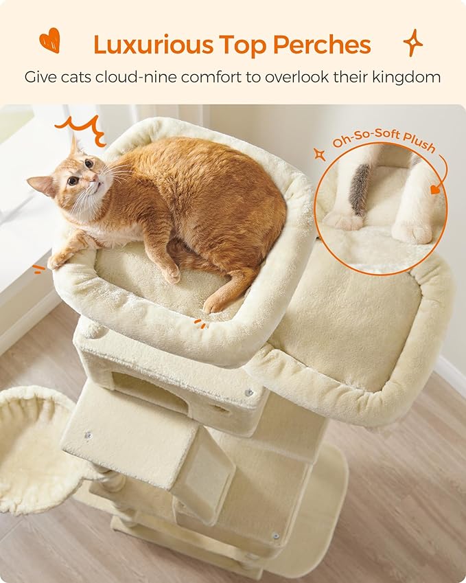 Feandrea Cat Tree, 81.1-Inch Large Cat Tower with 13 Scratching Posts, 2 Perches, 2 Caves, Basket, Hammock, Pompoms, Multi-Level Plush Cat Condo for Indoor Cats, Beige UPCT190M01-PawvioPets
