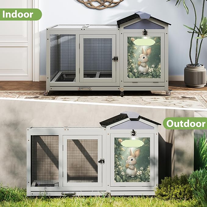 COZIWOW 38.5inches Durable Wooden Rabbit Cage Indoor，Wide Space Small Animal House with Removable Tray&Safety Lock，Rubbit Hutch with Waterproof Roof&Solar Panels (Grey with Pattern)-PawvioPets
