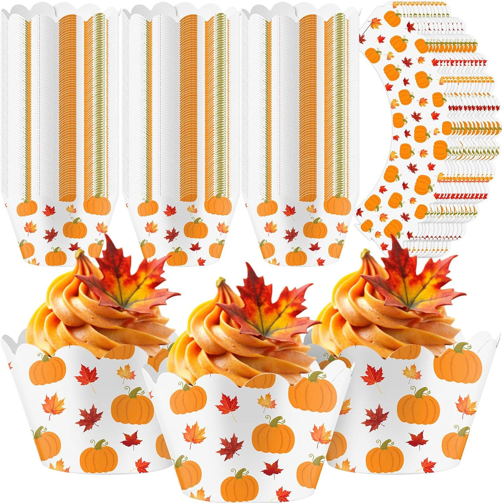 Domensi 100 Pcs Fall Pumpkin Maple Leaf Cupcake Wrappers Rustic Cupcake Liners Thanksgiving Baking Cups Baking Liners for Autumn Wedding Bridal Baby Shower Birthday Party Supplies Dessert Decoration