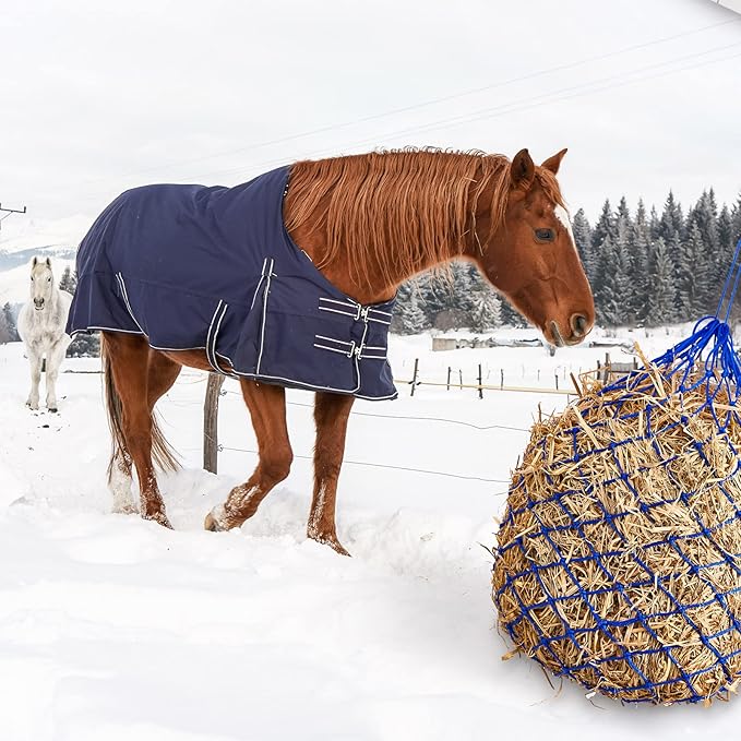 Fabbay 4 Pcs Slow Feed Hay Net Feeder Hay Bag for Horses Slow Feeder 40 Inch Length with 2 Inch Holes Hanging Horse Feed Net for Goat Cattle Equine Stalls Barn Supplies(Blue)-PawvioPets