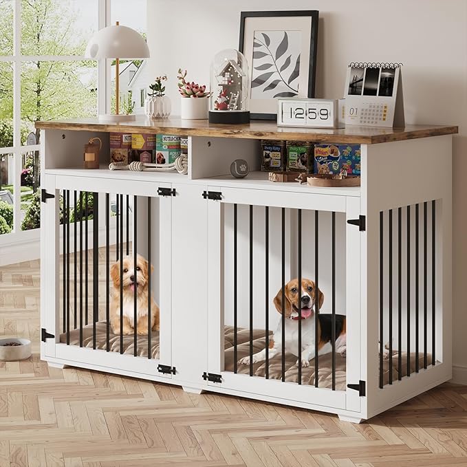 Dog Crate Furniture for 2 Dogs, 55 Inch Dog Crate Indoor with Removable Divider and Shelf Storage, Wooden Dog Crates for Medium/Large Dogs, White-PawvioPets